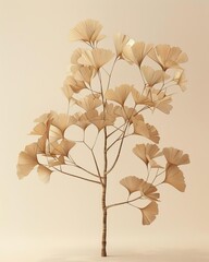  Jurassic ginkgo tree with distinctive fan shaped leaves, isolated against a simple beige background
