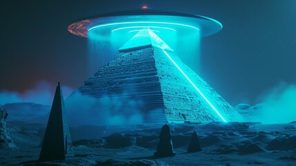 A futuristic UFO illuminates a pyramid with neon beams, blending ancient structures and sci-fi concepts