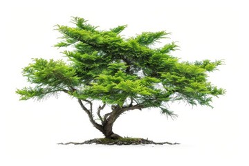 Realistic portrayal of a Jurassic conifer, isolated on a stark white background, emphasizing its long, needlelike leaves