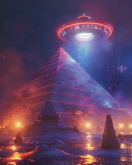 A pyramid bathed in neon glows as a UFO hovers above, illuminating the sci-fi scene with surreal lights