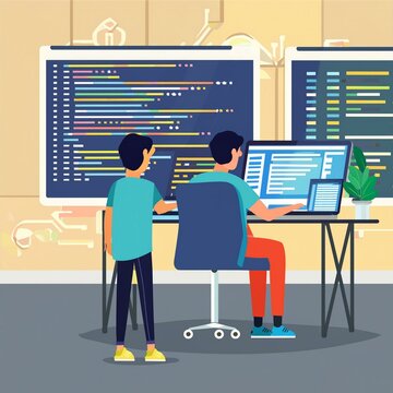Team skilled developers program coding discussing creative website planning software project on two screen monitor's full stack data analyzing design at office with back side view concept.