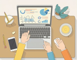 Top view multiracial analyst team use BI dashboard display on laptop screen, analyzing financial data for strategic decision. Fintech analyzes marketing indicators.