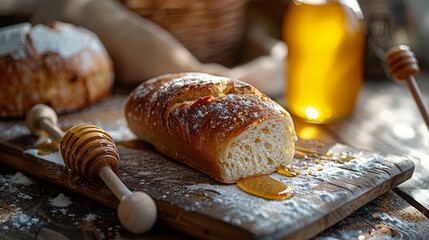 Homemade bread and honey breakfast setup on an old wooden table, evoking a sense of country kitchen warmth.