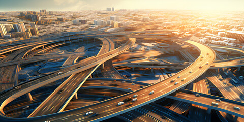 Cityscape From Above Aerial Perspective of Bound Roads under the blue sky background