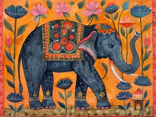Fototapeta premium Traditional Madhubani Bharni style painting of an elephant, body gracefully decorated with lotuses, wise and serene theme
