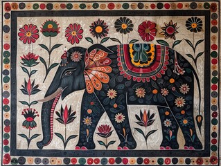 Traditional Madhubani Bharni style painting of an elephant, body gracefully decorated with lotuses, wise and serene concept
