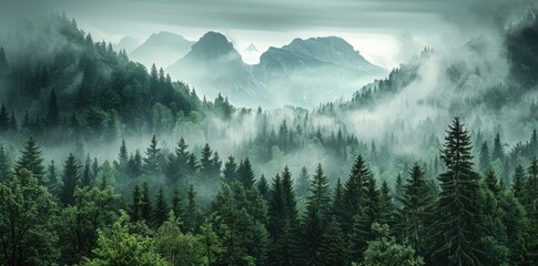 Misty Morning Fog in the Forest Mountains Peak Pine Tree Winter Landscape. Tranquil Dense Green Forest Aerial View, Mystical Background.