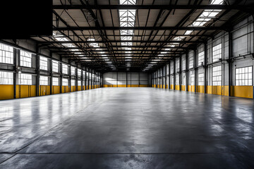 Empty concrete hallway with bright lights in an empty industrial warehouse building factory