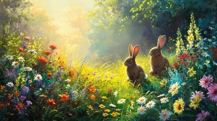 Whimsical bunnies leading a procession of vibrant flowers through a sunlit meadow on Easter morning.