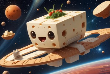 fantasy spaceship in a form of Tofu Japan Food, flying through the space