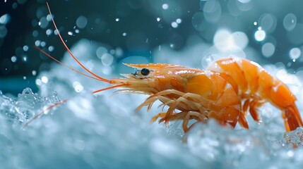 A shrimp is swimming in water with drops of water.