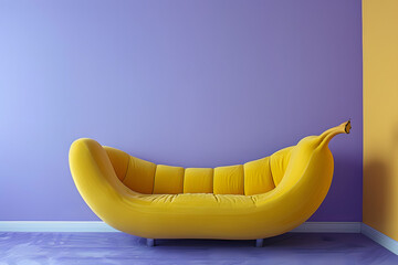 Sofa with banana shaped against the background of wall.