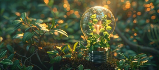 Light Bulb with Growing Leaves. Sustainability Idea with Plant on Natural Background. Earth Day,  Thinks, Innovation, Ecosystem, Brainstorming, Banner with Copy Space, Green Energy Concept