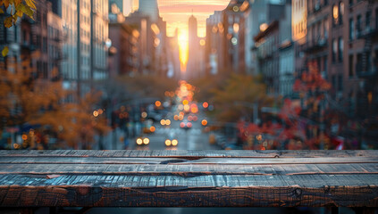 Wooden table top with blur background of autumn street in brooklyn, new york city. Created with Ai