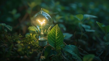 Light Bulb with Growing Leaves. Sustainability Idea with Plant on Natural Background. Earth Day,  Thinks, Innovation, Ecosystem, Brainstorming, Banner with Copy Space, Green Energy Concept
