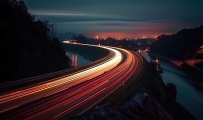 City Night Traffic, Long Exposure Time Lapse of Highway Lights. Colorful Curved Lines Depicting Speed and Motion.