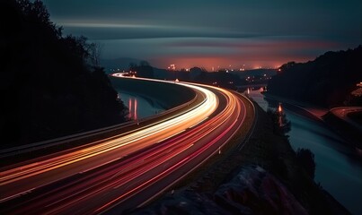 Obraz premium City Night Traffic, Long Exposure Time Lapse of Highway Lights. Colorful Curved Lines Depicting Speed and Motion.