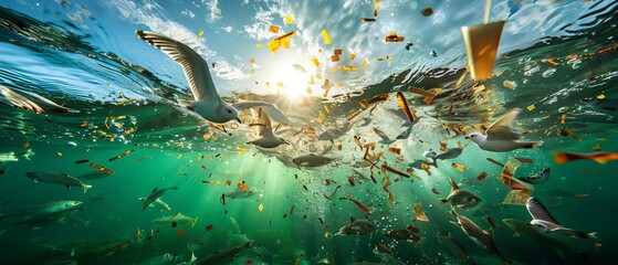 Birds feeding on microplastic-laden fish, illustrating the transfer of pollutants up the food chain