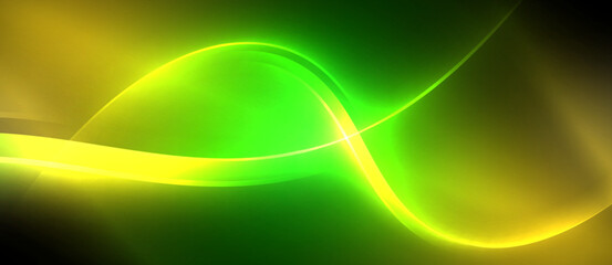A vibrant wave of green and yellow hues contrasts against a black background, creating a colorful and dynamic visual effect reminiscent of neon lights and electric blue energy