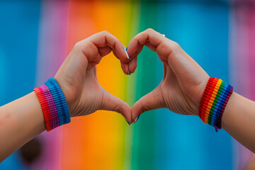 Hand making a heart sign with gay pride LGBTQ rainbow wristband. Happy pride month.