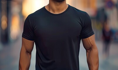 Young Man Black T-Shirt Template Mockup for Design and Print, with Male Model Wearing a Shirt Featuring Black Space for Print Placement Against a Blurred City Street Background