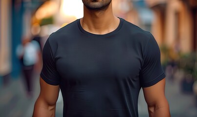 Young Man Black T-Shirt Template Mockup for Design and Print, with Male Model Wearing a Shirt Featuring Black Space for Print Placement Against a Blurred City Street Background