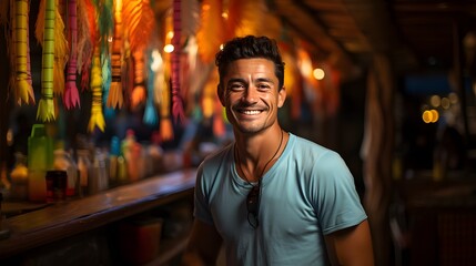 Fototapeta premium Handsome Latino bartender with a friendly smile stands behind a colorful tiki bar on a pristine summer beach.