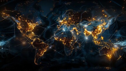 A hightech global network visualization, illustrating data connectivity across continents