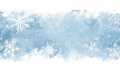 Watercolor Winter Landscape Background with Snowflakes Painting Art, Light Blue Backdrop. Copy Space for Christmas and New Year Banner Concept
