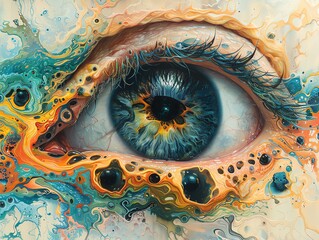 Capture the essence of surrealism with a vividly illuminated portrait, seamlessly intertwining biographical elements with abstract art in a worms-eye view