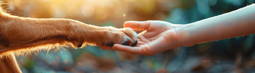 Closeup of a dogs paw and a persons hand touching, symbolizing animal friendship, with a large copy space