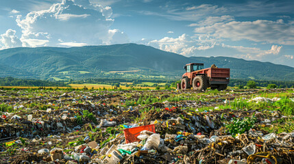 A tractor working on managing waste at a rural landfill site with mountains in the background.