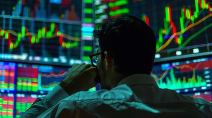 A trader monitors financial data, analyzing live stock market trends