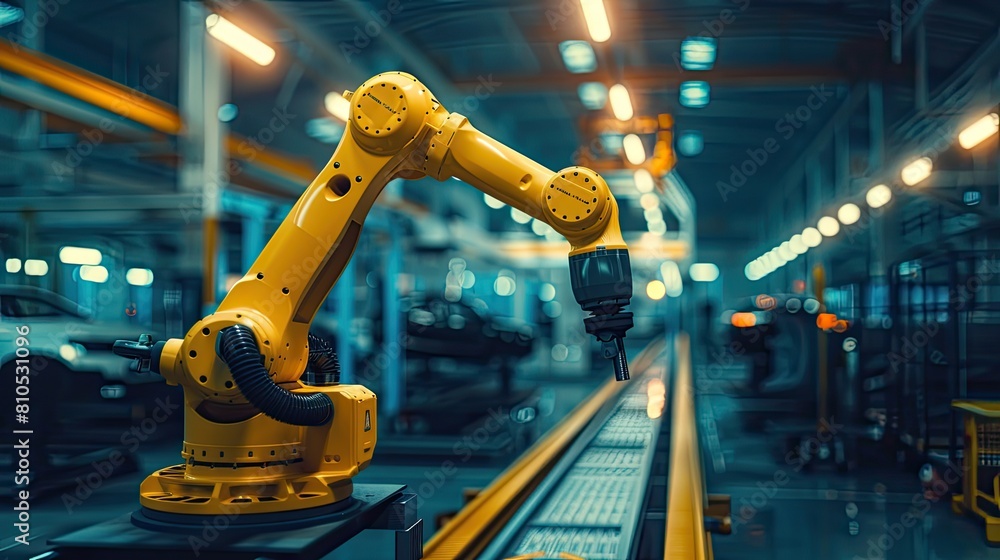 Poster yellow robotic hand working in an industrial factory with blur background. computer automation robot