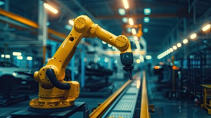 Yellow Robotic Hand Working in an Industrial Factory with Blur Background. Computer Automation Robot, Smart Technology Production, and Manufacturing Assembly Lines in Factory Environments.