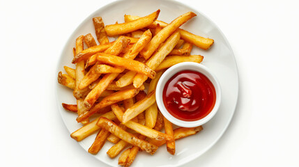 Plate with tasty french fries and ketchup on white background