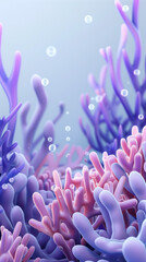 3D illustration of cute underwater corals and plants in purple blue colors, featuring simple shapes and a minimalistic design. Bubbles float around, adding to the charm of the scene