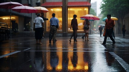 People walking in the rain on a rainy day in the city.