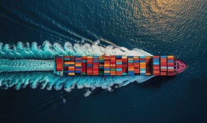 Container Cargo Ship in Import-Export Business Across the Globe. Aerial Top-Down Drone View of a Running Ship in the Open Sea. Freight Ship Carrying Cargo in International Waters.