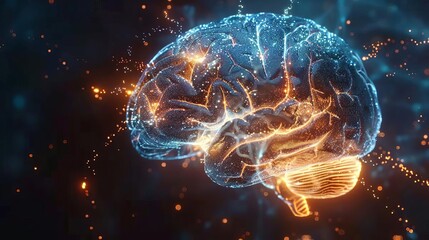 Brain structure lit up against a dark backdrop, emphasizing cognition