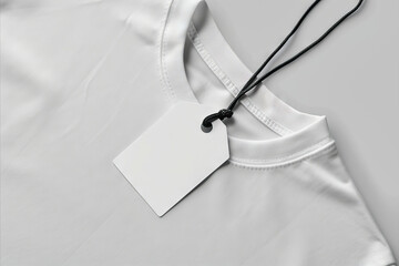 A white t - shirt mockup with a tag attached.