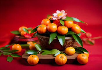 A wooden dish filled with tangerines and a flower pot on a red surface