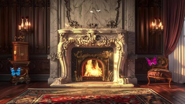 victorian mansion fireplace imagine an ornate fireplace. seamless looping overlay 4k virtual video animation background