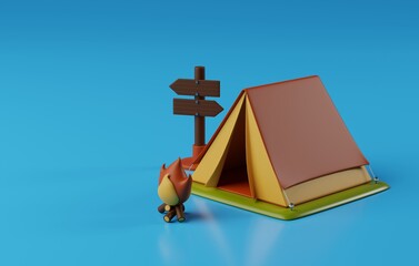 3D Camping Tent, Cozy Campfire Icon in Nature. 3D Render
