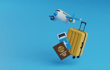 Passport, suitcase, and airplane for travel concept.