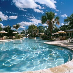 A beautifully landscaped five-star resort pool area, inviting guests to unwind in style.