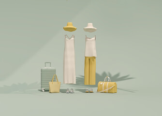 Summer vacation concept with hat and suitcase with palm shadow in green, yellow background along with women outfit, minimal fashion clothes.
