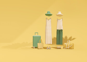 Summer vacation concept with hat and suitcase with palm shadow in green, yellow background along with women outfit, minimal fashion clothes.
