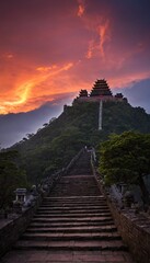 Buddhist temple on hill at sunset