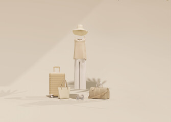 Summer vacation concept with hat and suitcase with palm shadow in beige background along with women outfit, minimal fashion clothes.
